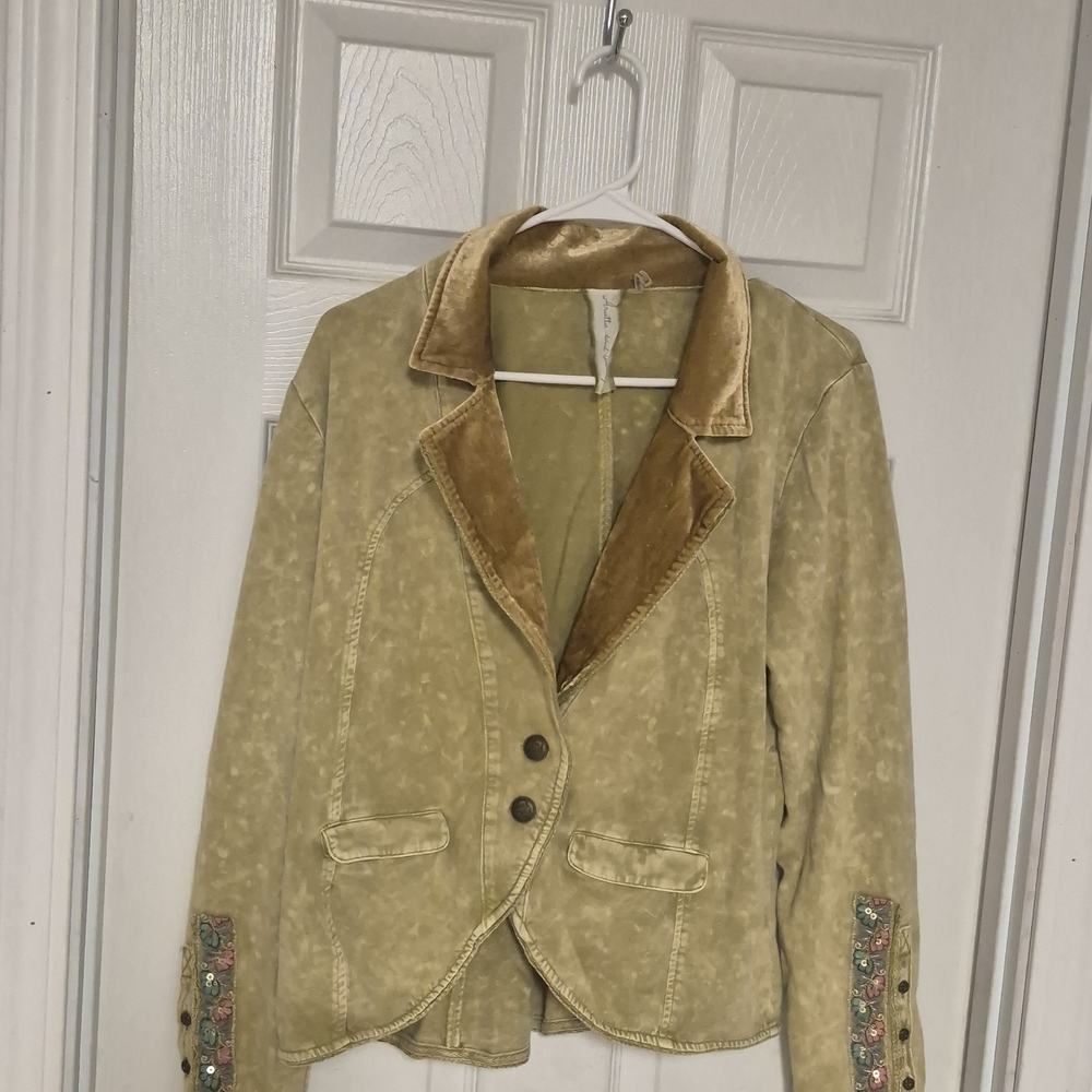 Aratta Silent Jouney Light Olive Green & Gold Jacket Blazer Boho Sz M